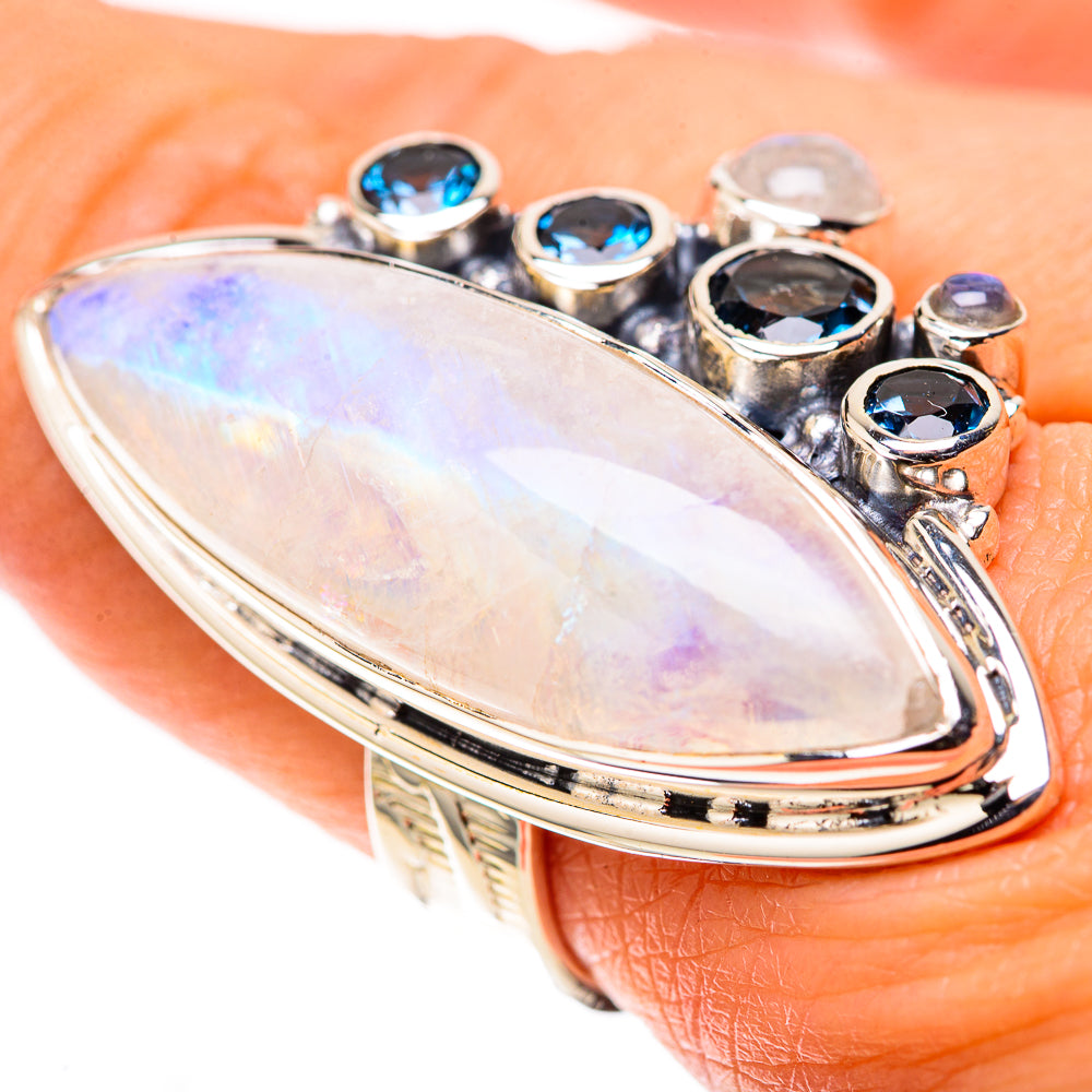 Signature Huge Rainbow Moonstone, Blue Topaz Ring Size 8.25 (925 Sterling Silver) RING138156