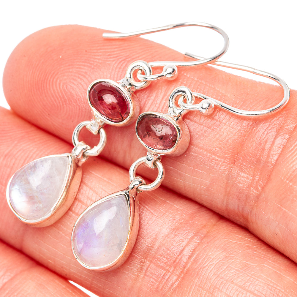 Rainbow Moonstone, Pink Tourmaline Earrings 1 1/2" (925 Sterling Silver) E1488