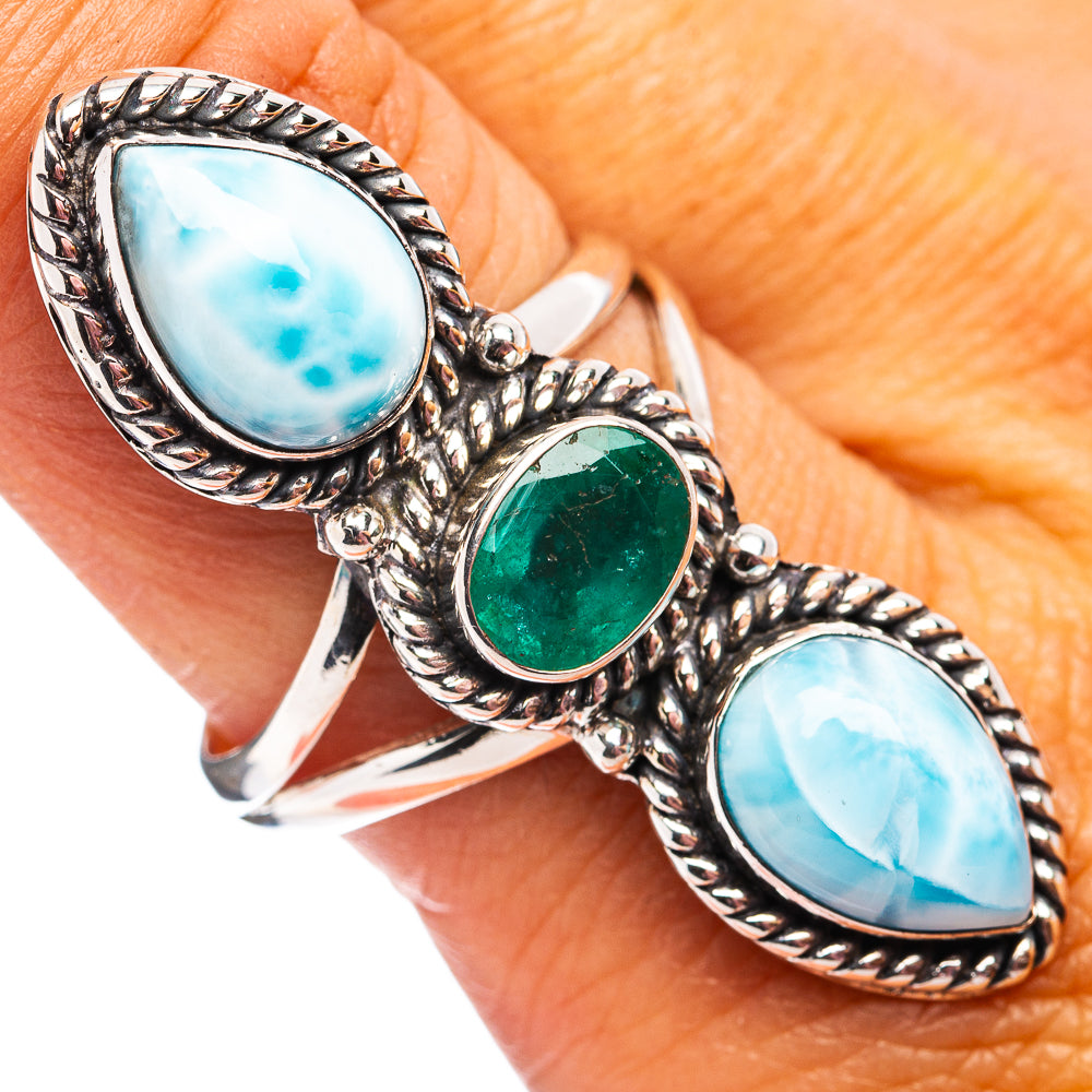Premium Larimar, Zambian Emerald Ring Size 10 (.925 Sterling Silver)