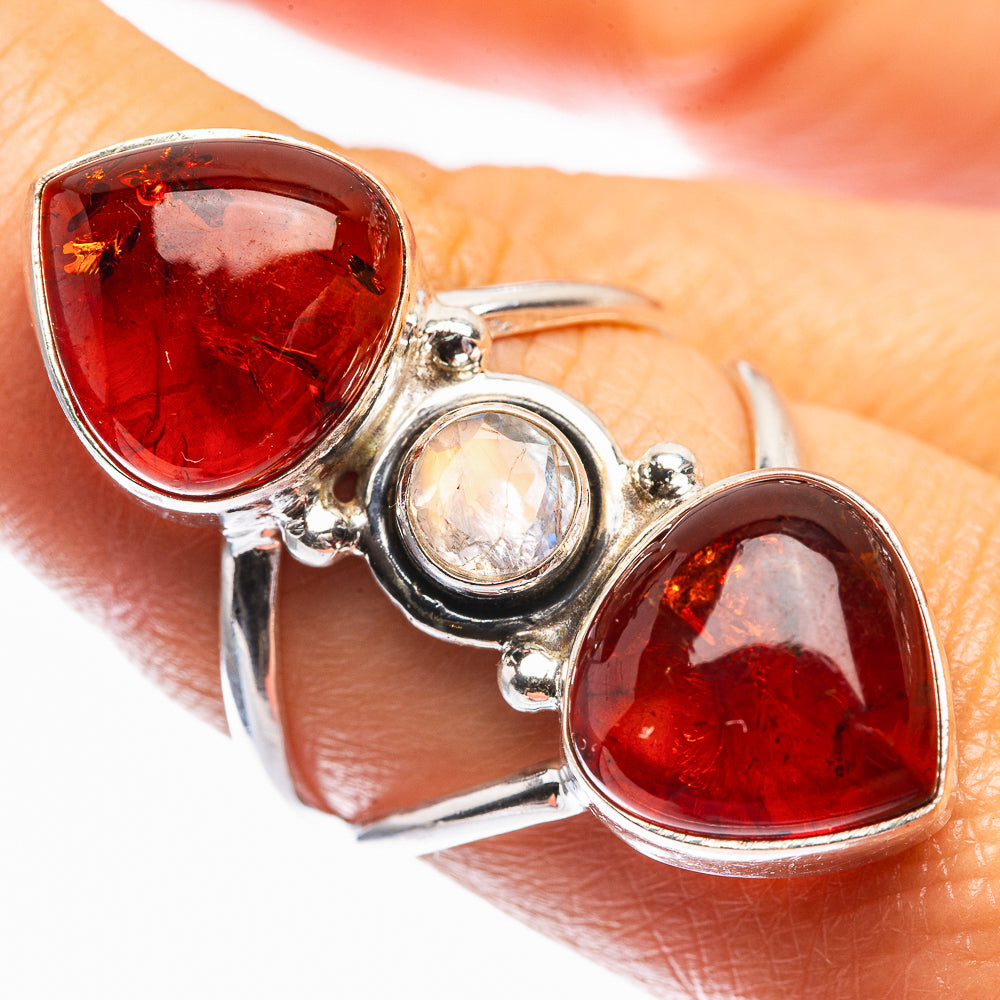 Large Baltic Amber, Rainbow Moonstone Ring Size 8 (925 Sterling Silver) R142319