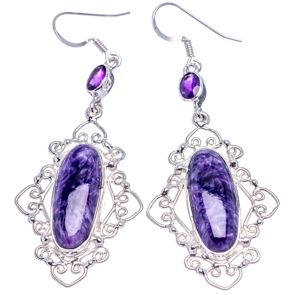 Signature Charoite, Amethyst Earrings 2 3/4" (.925 Sterling Silver)
