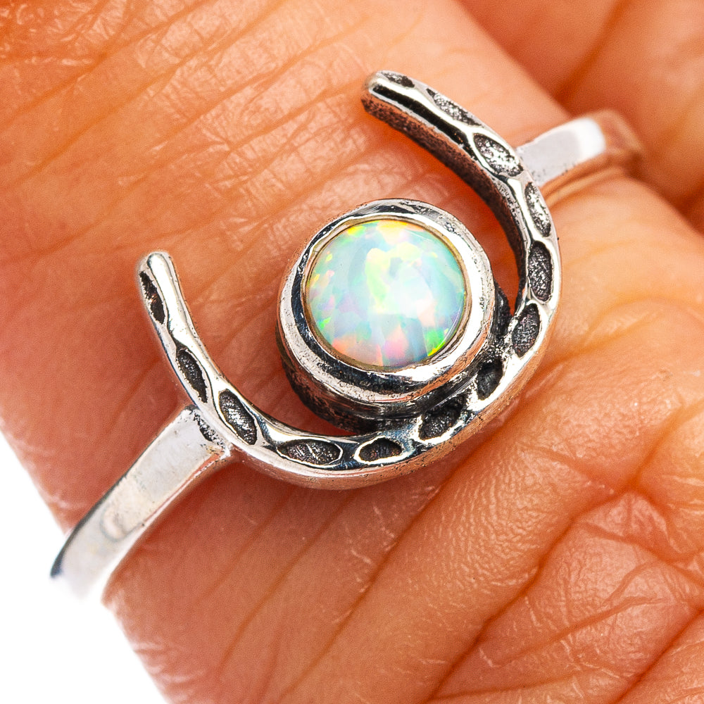 Lab Opal Horseshoe Dainty Ring Size 6.5 (.925 Sterling Silver)
