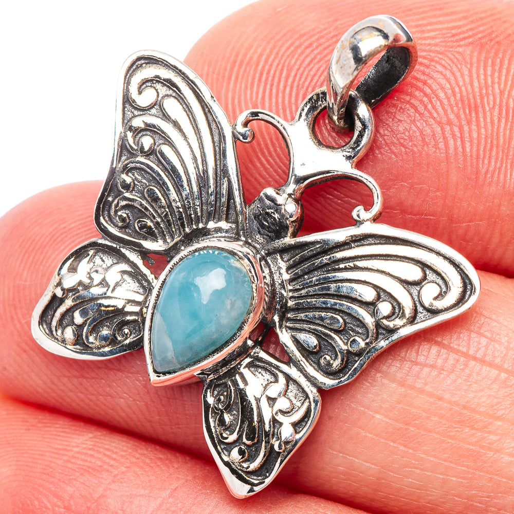 Aquamarine Butterfly Pendant 1 1/8" (.925 Sterling Silver)