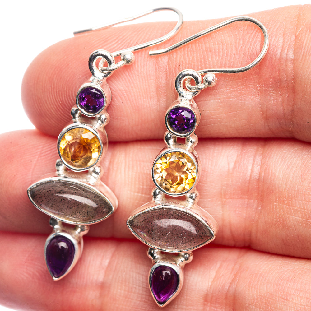 Labradorite, Amethyst, Citrine Earrings 1 3/4" (925 Sterling Silver) E432536
