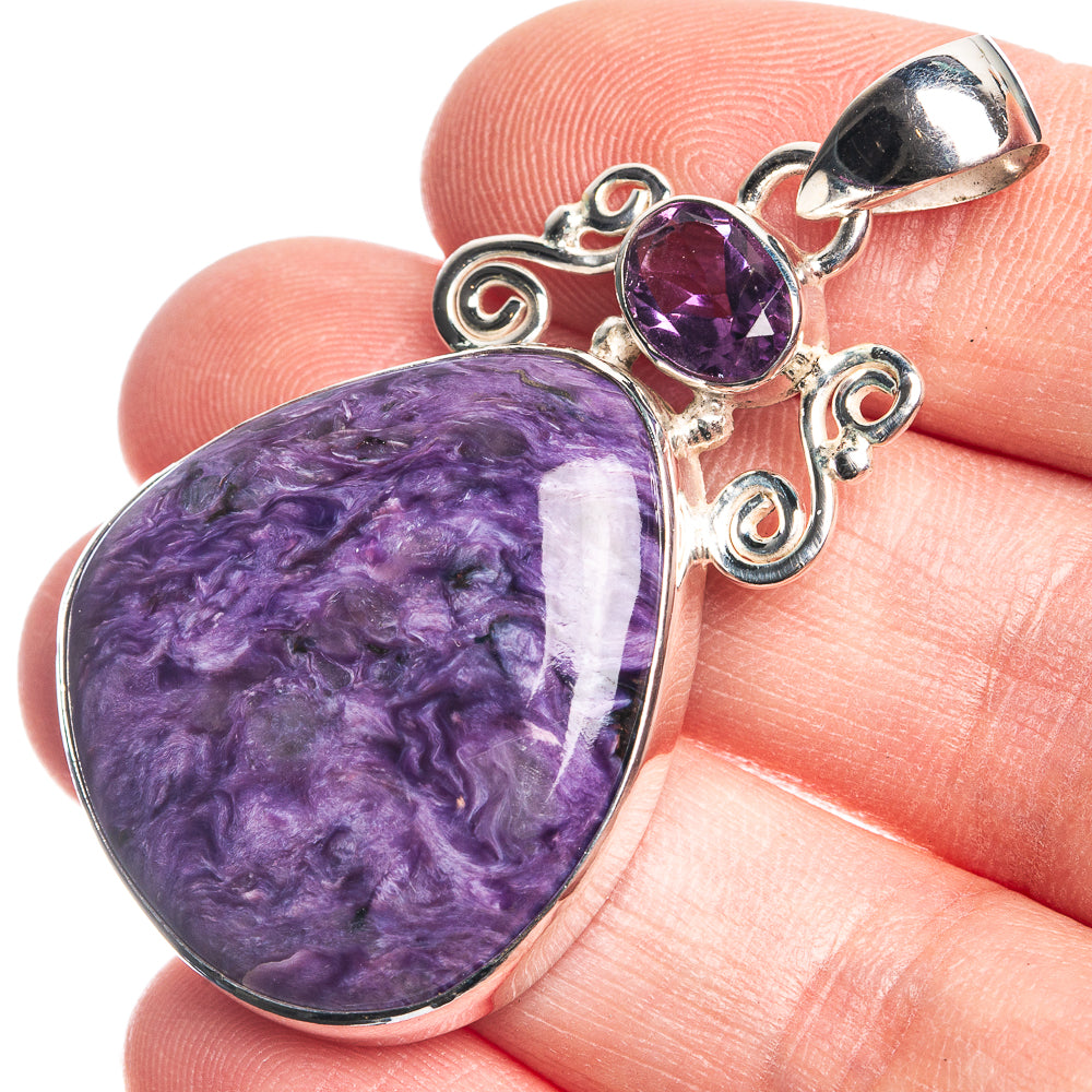 Charoite, Amethyst 925 Sterling Silver Pendant 1 7/8"