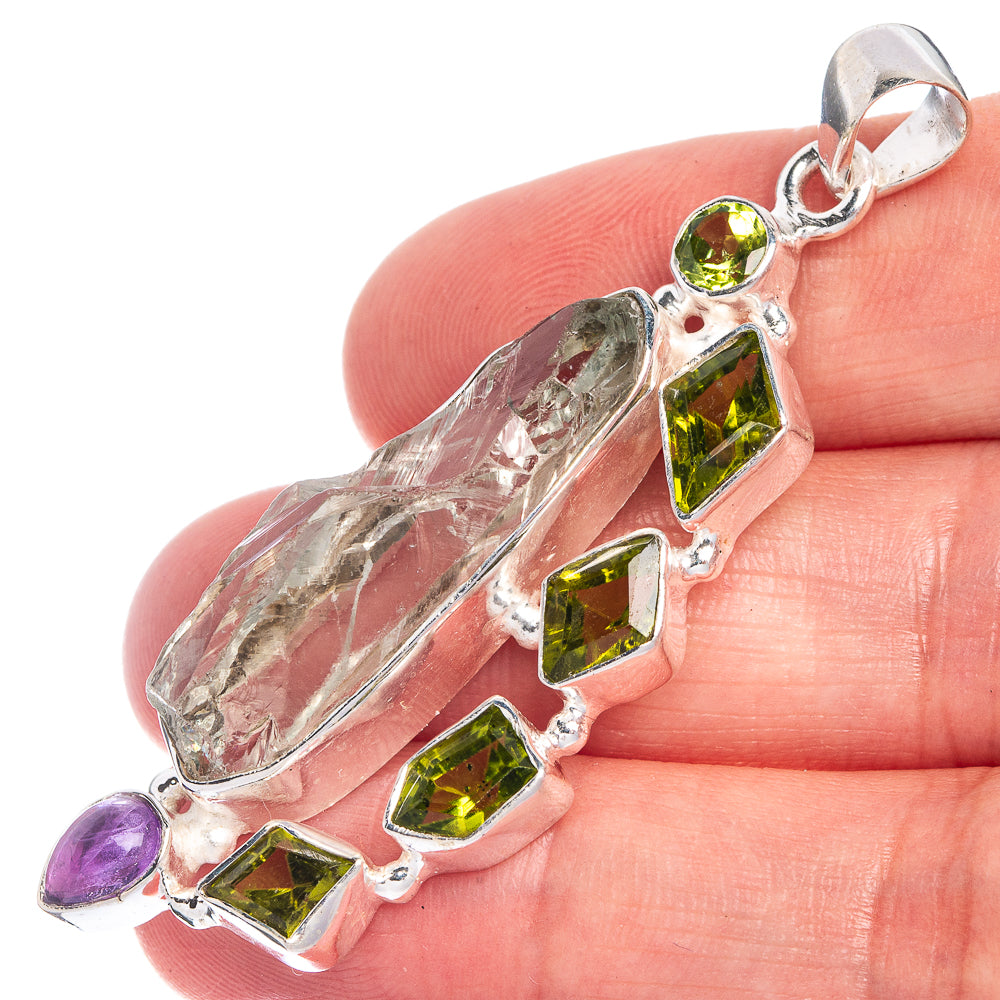 Raw Aquamarine, Peridot, Amethyst Pendant 2 1/4" (925 Sterling Silver) P39814