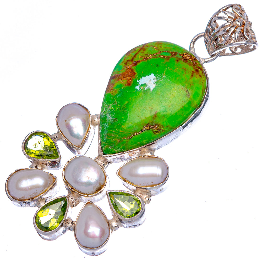 Green Copper Composite Turquoise, Peridot, Cultured Pearl Pendant 2 1/4" (925 Sterling Silver) P40107