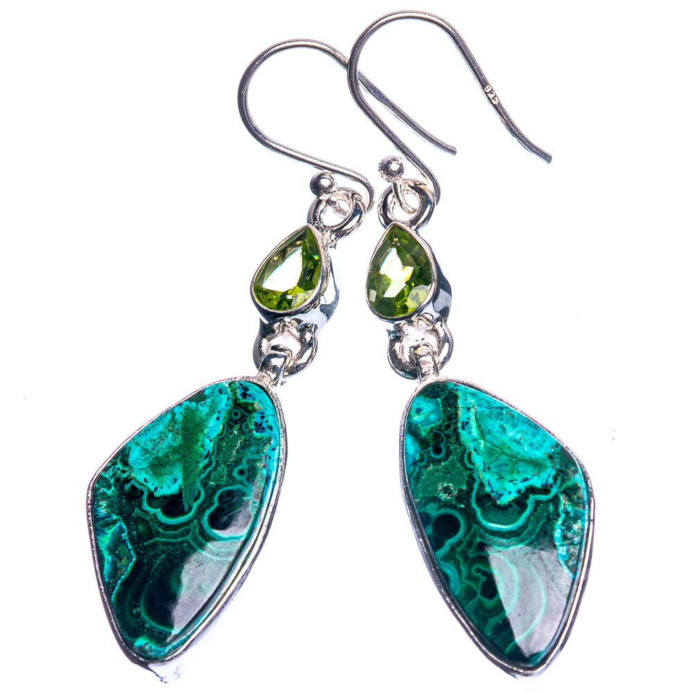 Malachite In Chrysocolla, Peridot 925 Sterling Silver Earrings 2 1/8"