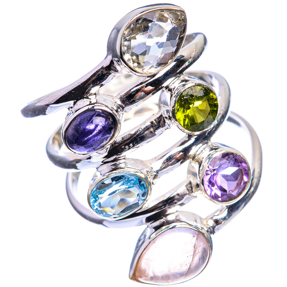 Large Rose Quartz, Amethyst, Peridot, Blue Topaz, Tanzanite, White Quartz Ring Size 9 (925 Sterling Silver) R143026