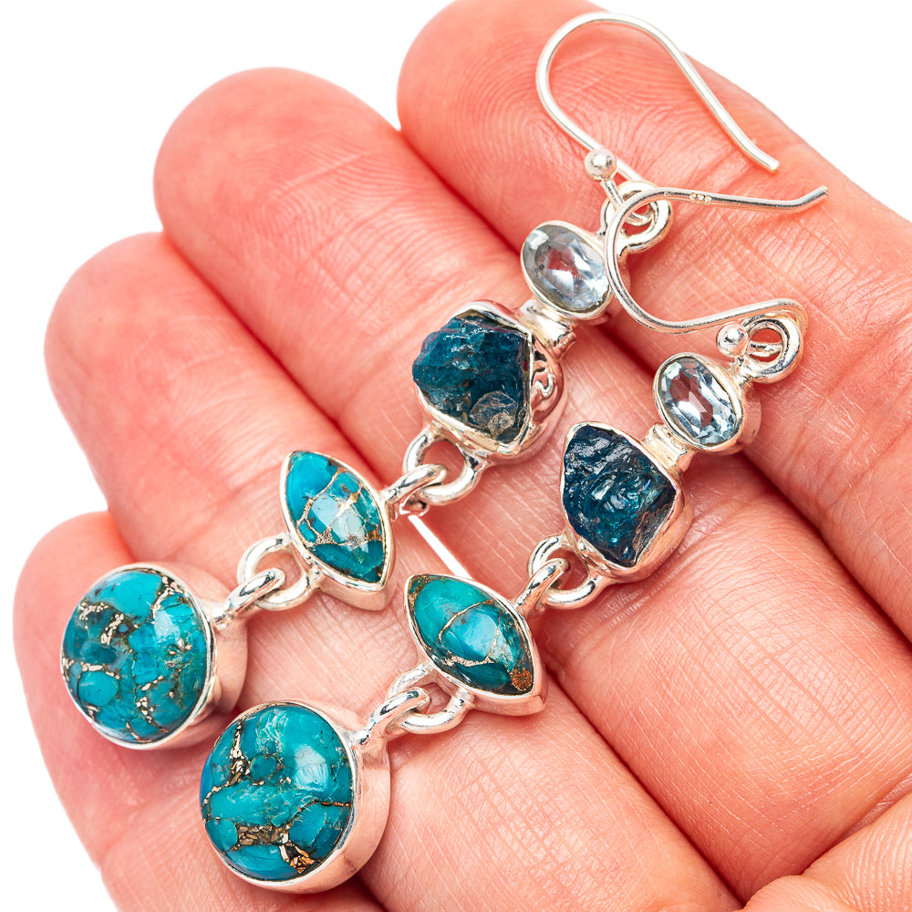 Blue Copper Composite Turquoise, Blue Fluorite, Blue Topaz Earrings 2 1/4" (925 Sterling Silver) E2381