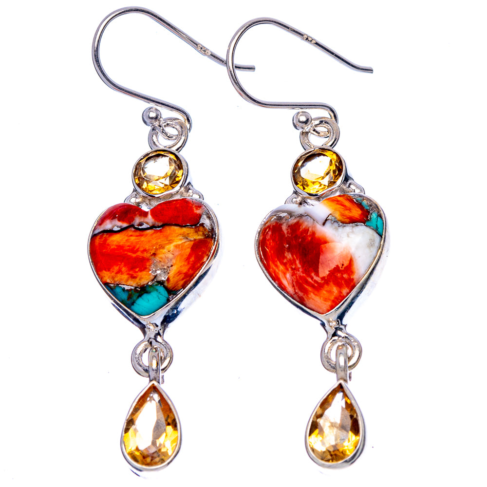 Spiny Oyster Turquoise, Citrine Heart Earrings 1 7/8" (925 Sterling Silver) E1830