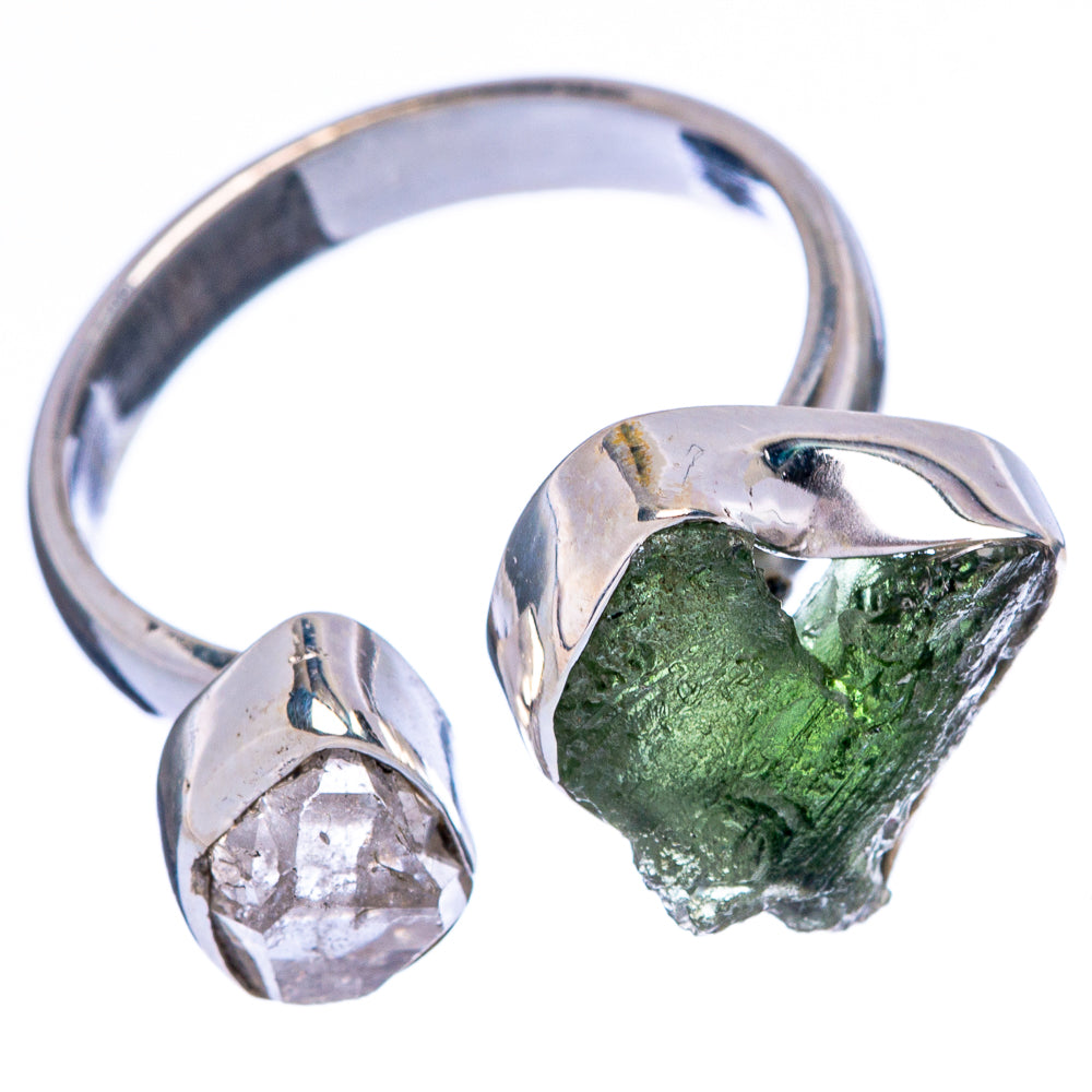 Rare Czech Moldavite, Herkimer Diamond Ring Size 7 (925 Sterling Silver) R146612
