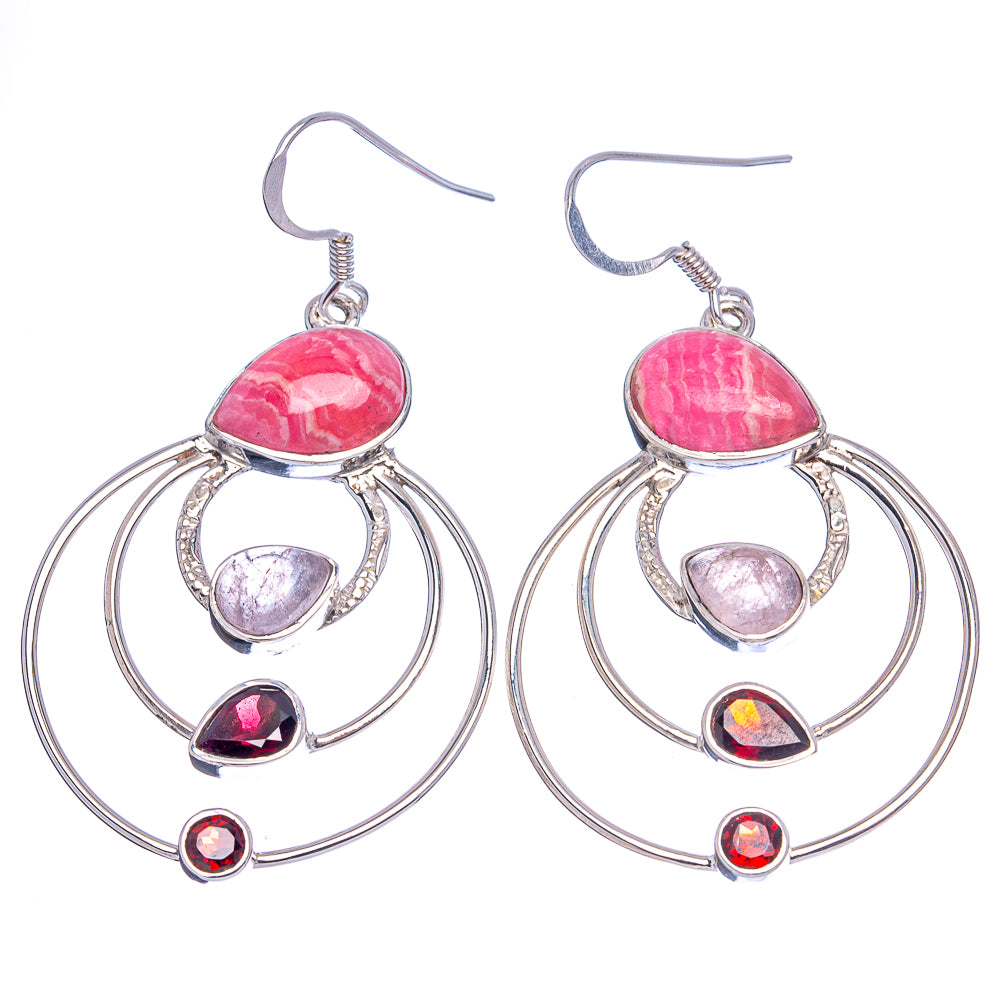 Signature Rhodochrosite, Rose Quartz, Garnet Earrings 2 1/4" (.925 Sterling Silver)