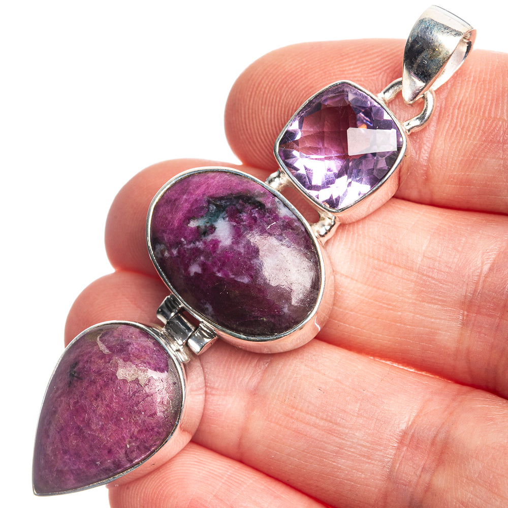 Ruby Zoisite, Amethyst 925 Sterling Silver Pendant 2 3/8"