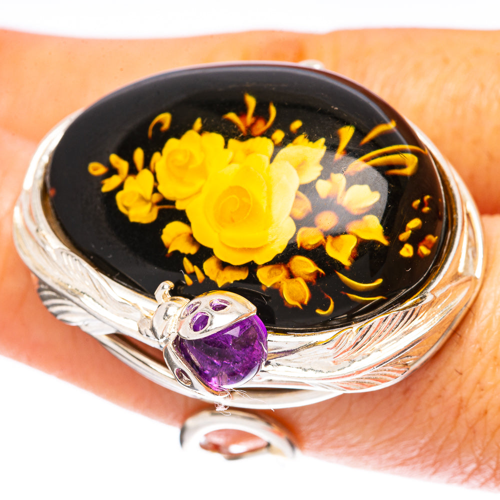 Amber Intaglio Rose Ladybug Ring Size 7 Adjustable (925 Sterling Silver) R3824