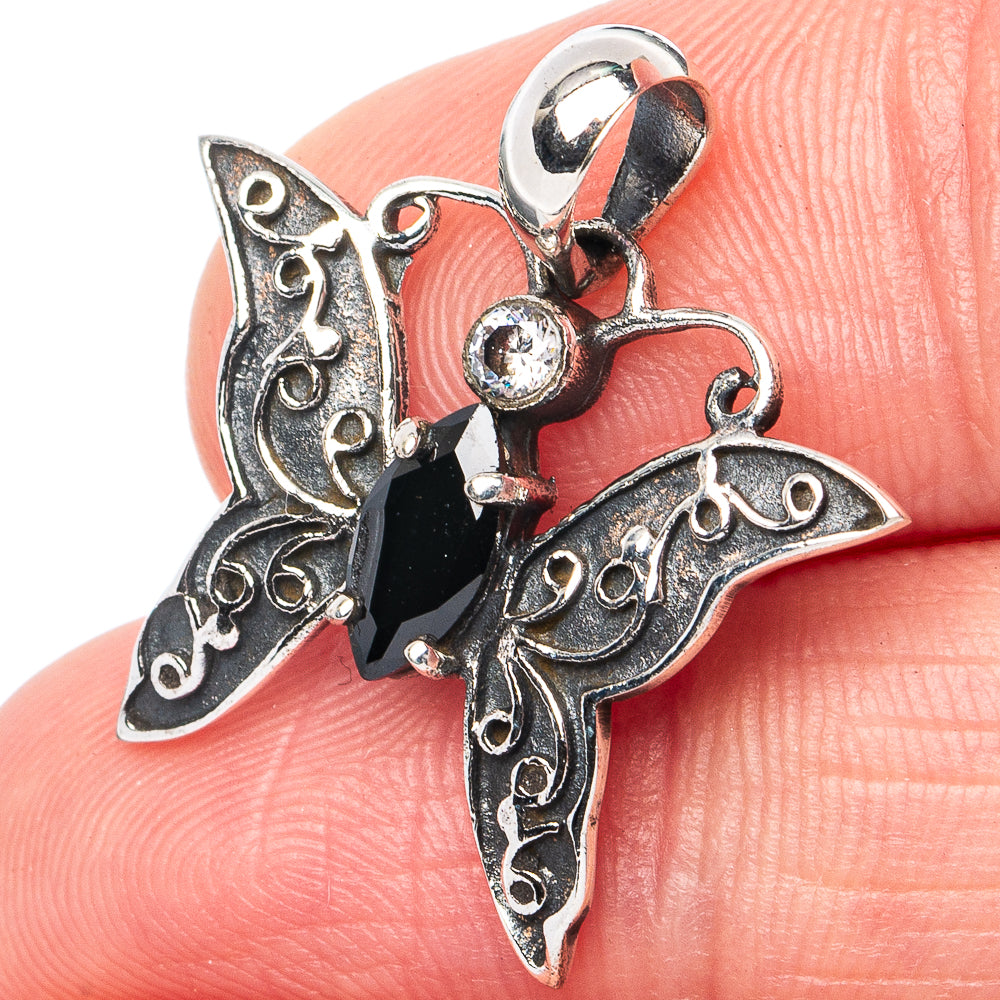 Black Onyx, White Quartz Butterfly Pendant 1" (925 Sterling Silver) P45402