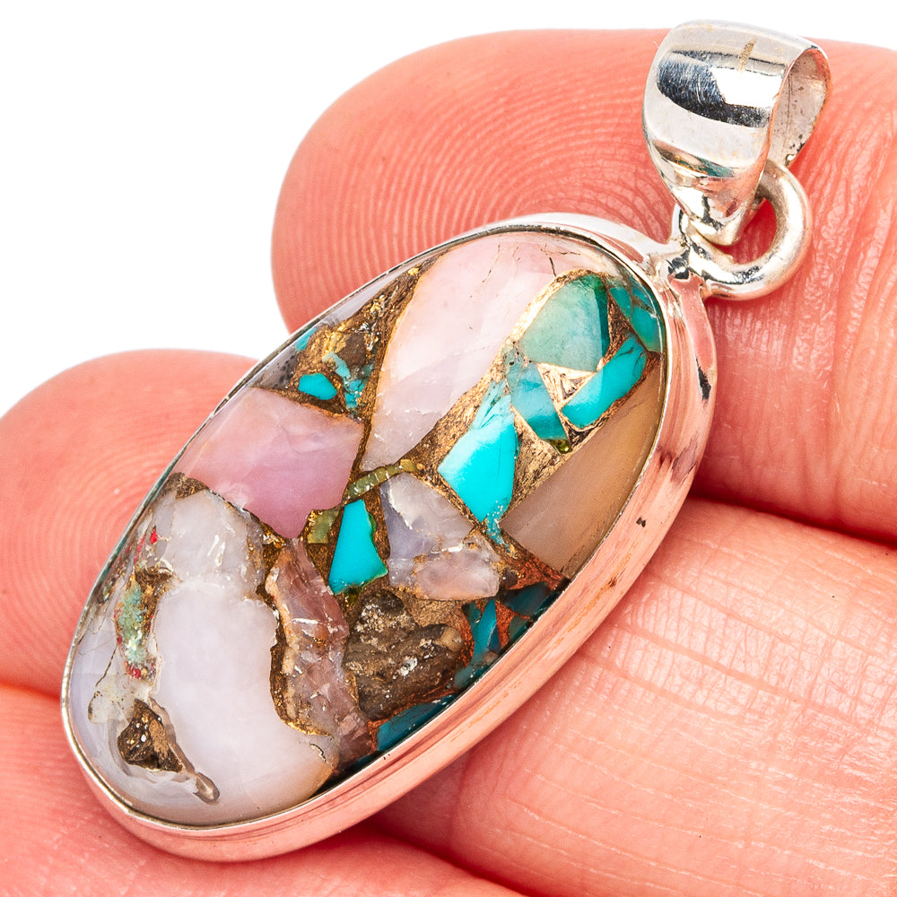 Copper Blue Turquoise Pink Opal Pendant 1 3/8" (925 Sterling Silver) P43505
