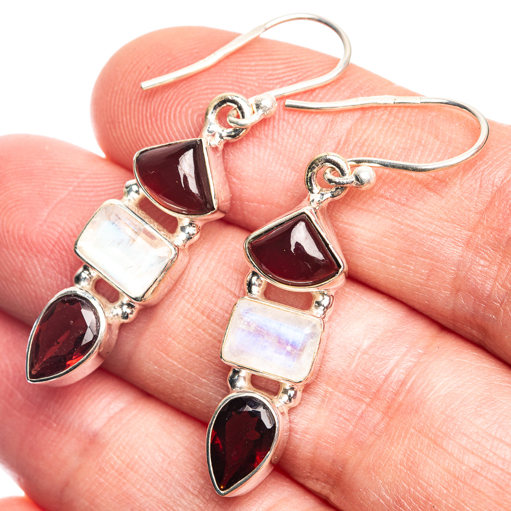 Rainbow Moonstone, Garnet Earrings 1 1/2" (925 Sterling Silver) E432625