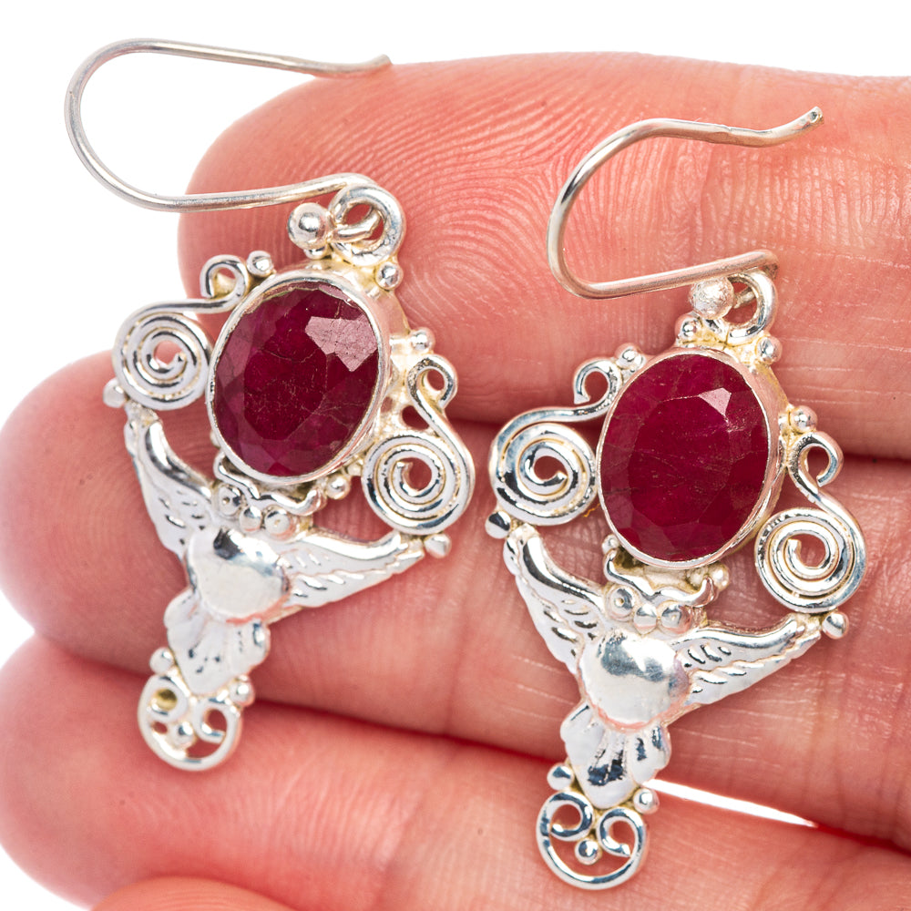 Glass Filled Ruby Owl Earrings 1 5/8" (925 Sterling Silver) E1046