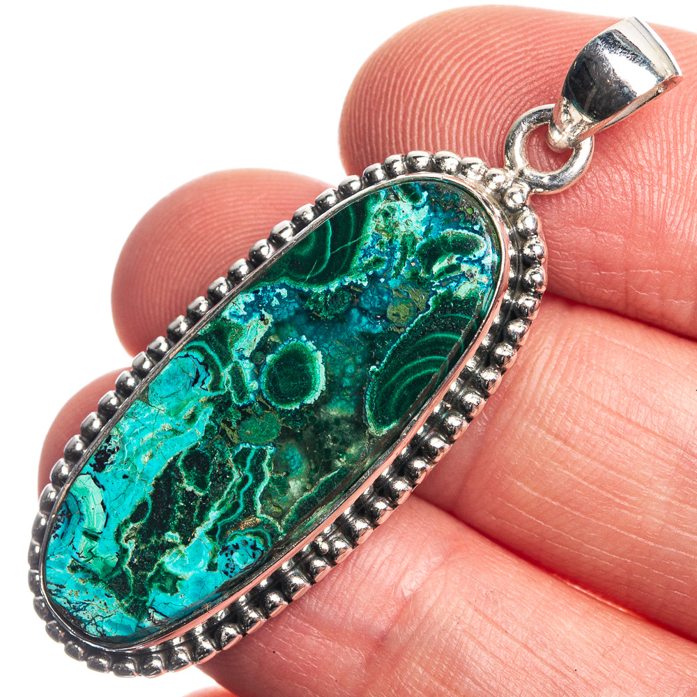 Malachite In Chrysocolla 925 Sterling Silver Pendant 1 3/4"