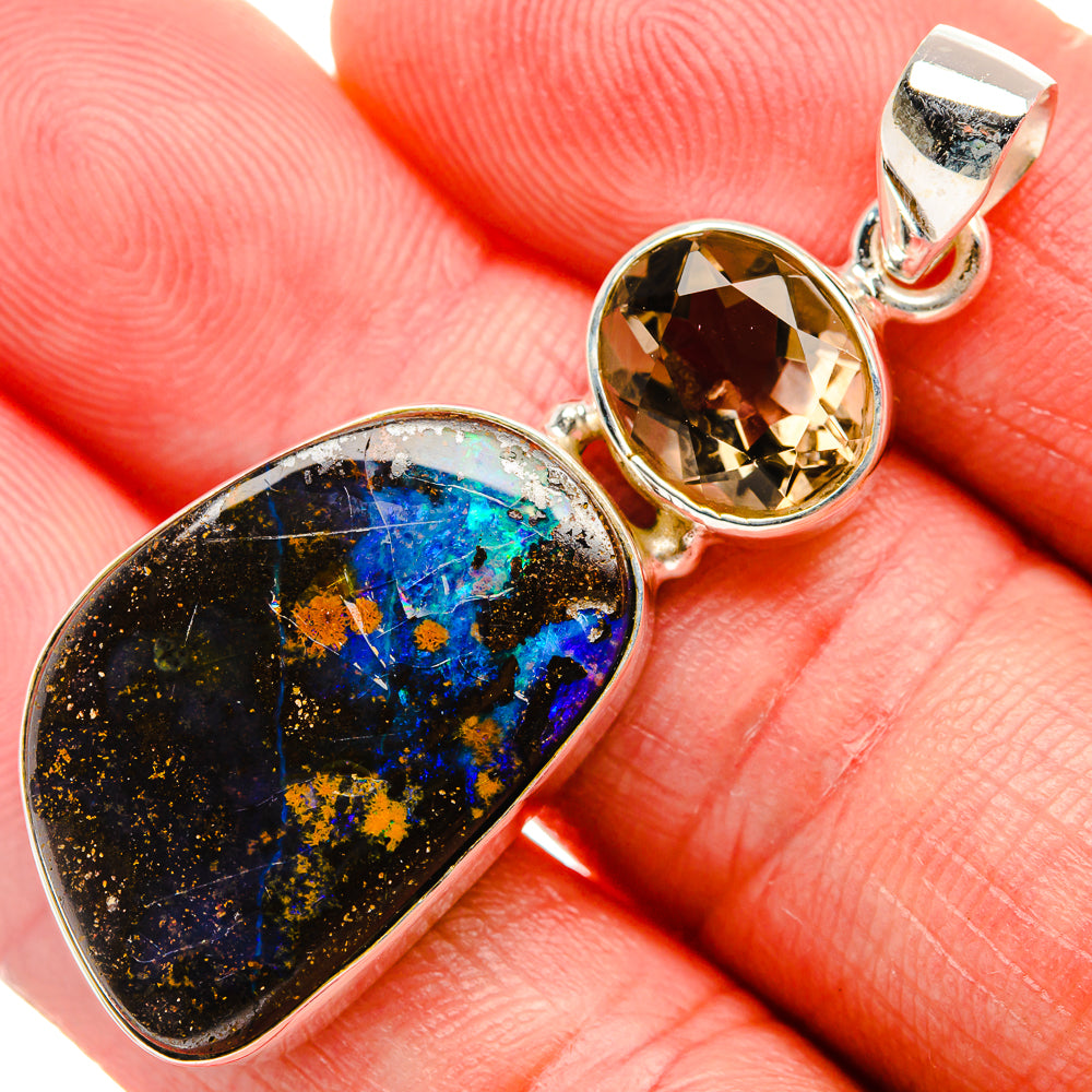 Boulder Opal, Smoky Quartz Pendant 2" (925 Sterling Silver) PD38204