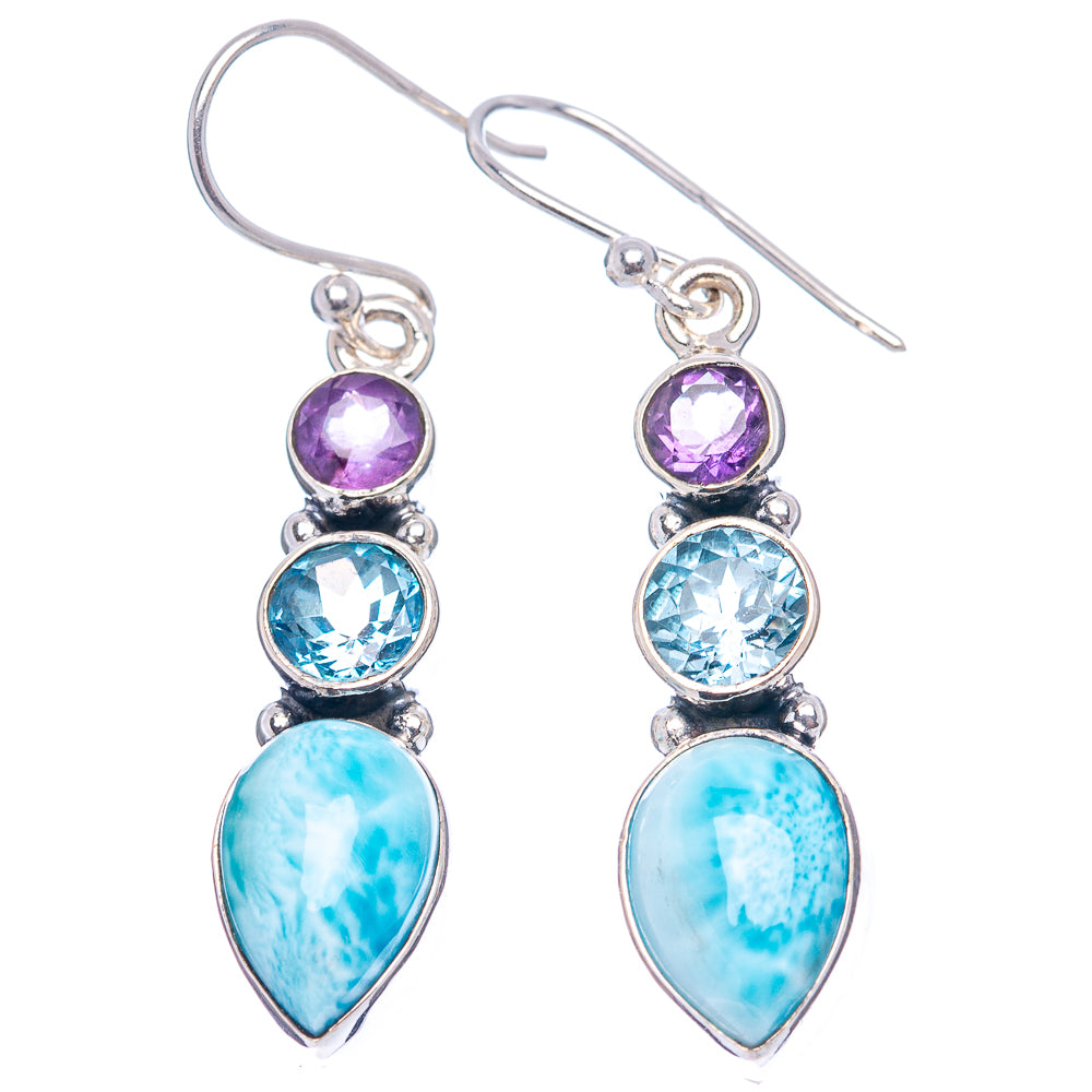 Premium Larimar, Blue Topaz, Amethyst Earrings 1 5/8" (.925 Sterling Silver)