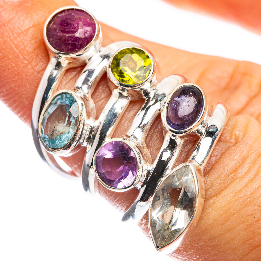 Large Ruby, Blue Topaz, Peridot, Amethyst, Tanzanite, White Quartz Ring Size 5.75 (925 Sterling Silver) R143222