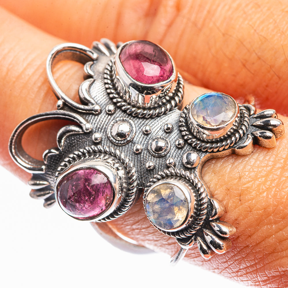 Large Pink Tourmaline, Rainbow Moonstone Ring Size 9 (925 Sterling Silver) R142343