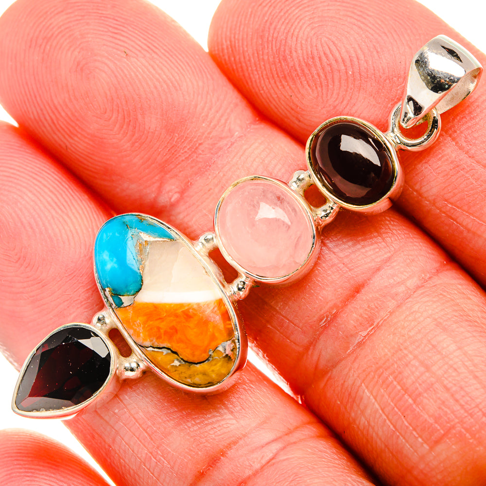 Spiny Oyster Turquoise, Garnet, Pink Moonstone 925 Sterling Silver Pendant 2" (925 Sterling Silver) PD38421
