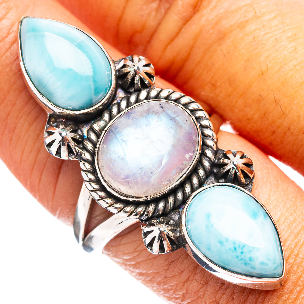 Premium Larimar, Rainbow Moonstone Ring Size 8 (.925 Sterling Silver)