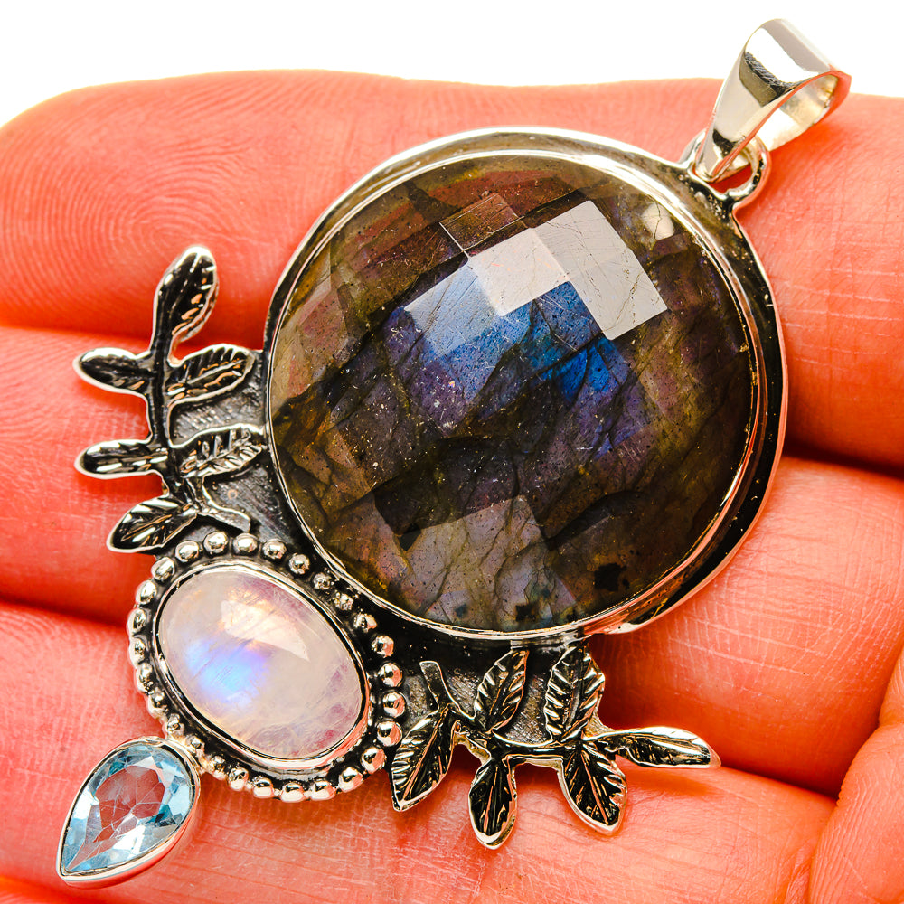 Signature Labradorite, Rainbow Moonstone, Blue Topaz Pendant 2 3/8" (925 Sterling Silver) PD37828