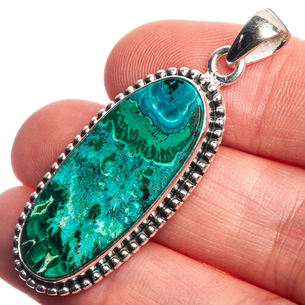 Malachite In Chrysocolla 925 Sterling Silver Pendant 1 3/4"