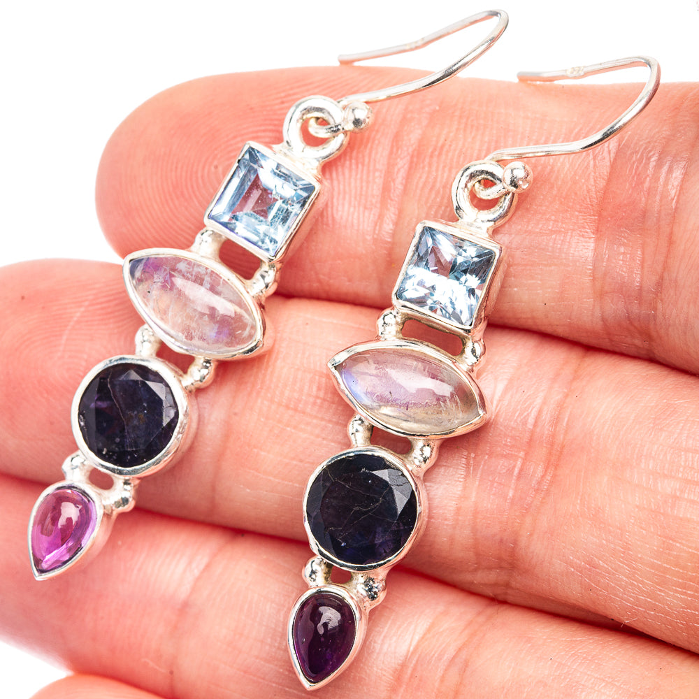 Rainbow Moonstone, Tanzanite, Blue Topaz, Amethyst Earrings 1 7/8" (925 Sterling Silver) E432576