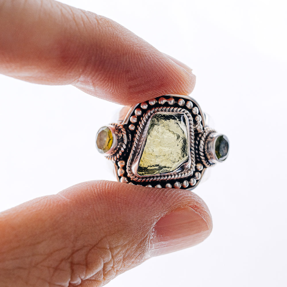 Czech Moldavite, Peridot Ring Size 9.25 (925 Sterling Silver) R6037