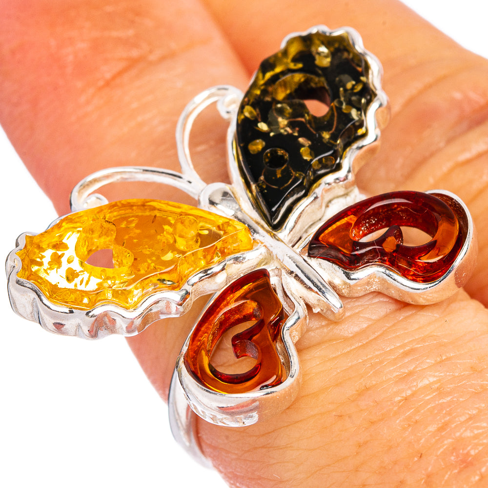 Baltic Amber Butterfly Ring Size 7 Adjustable (.925 Sterling Silver)