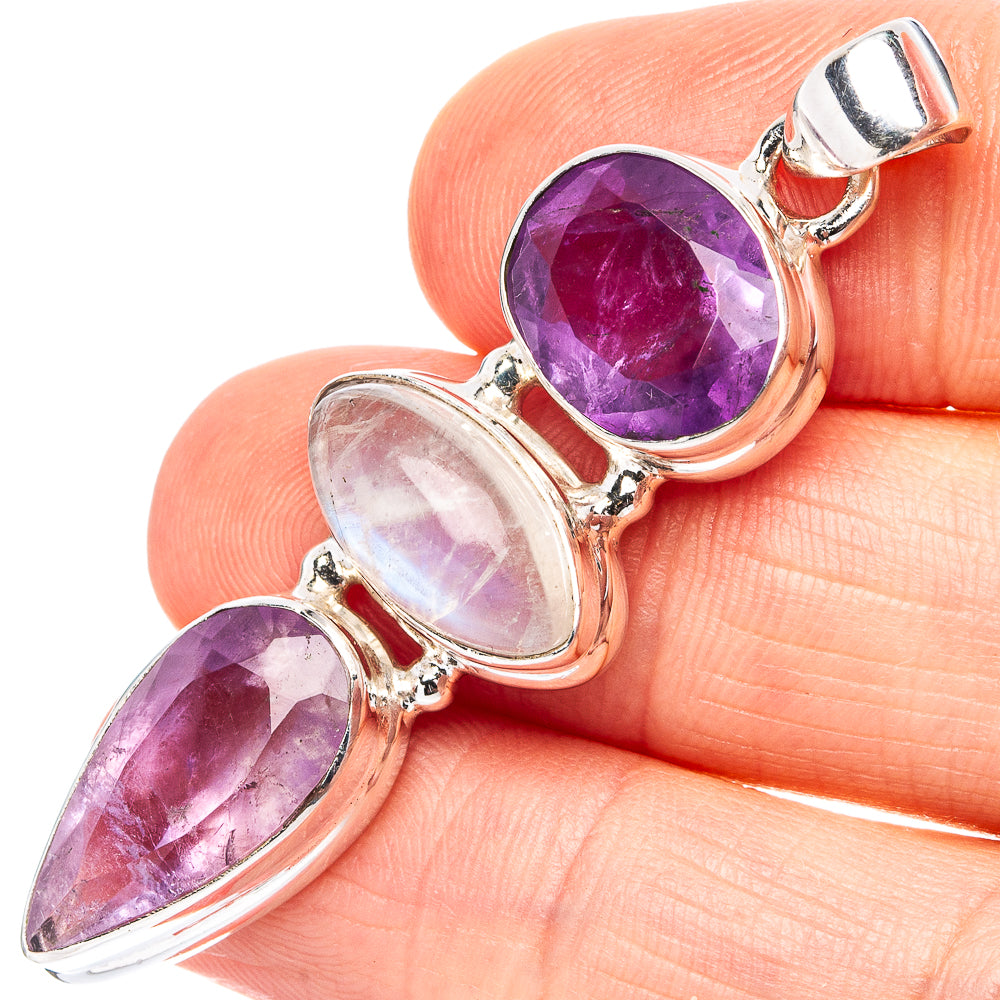 Premium Rainbow Moonstone, Amethyst Pendant 2" (.925 Sterling Silver)