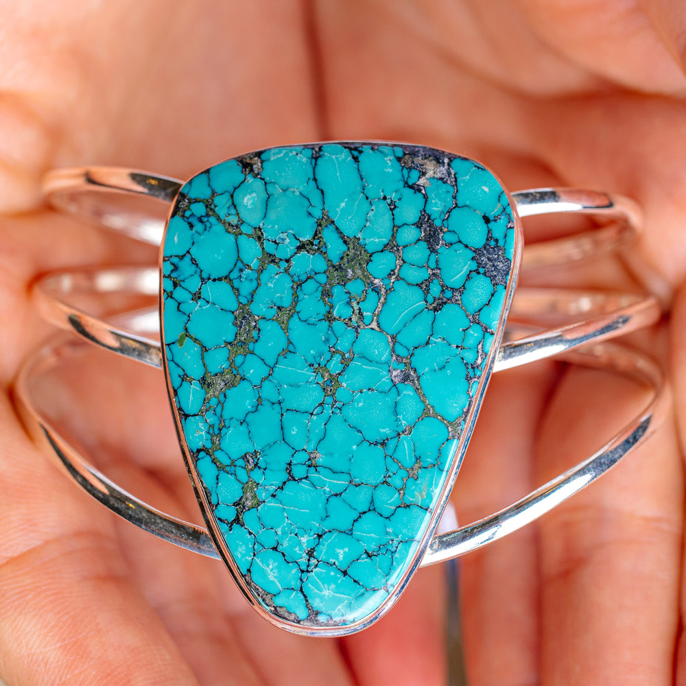 Tibetan Turquoise Cuff Bracelet Adjustable (.925 Sterling Silver)