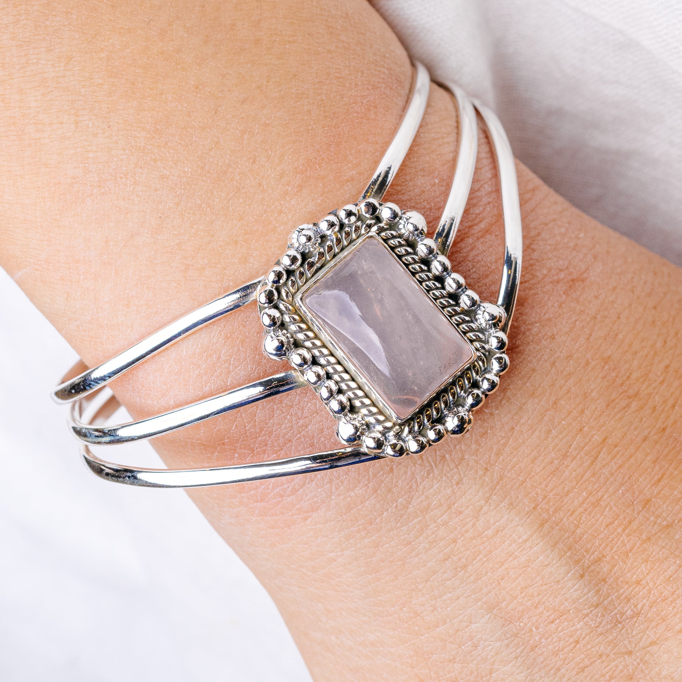 Rose Quartz Cuff Bracelet Adjustable (925 Sterling Silver) B90430