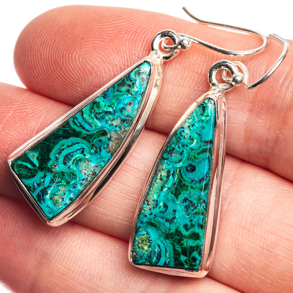 Malachite In Chrysocolla 925 Sterling Silver Earrings 1 5/8"
