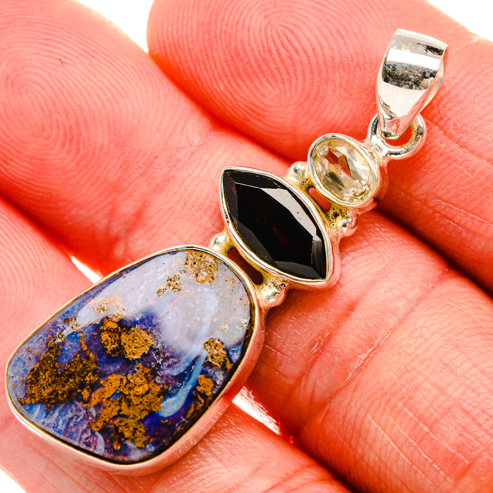 Boulder Opal, Black Onyx, White Quartz 925 Sterling Silver Pendant 1 7/8" (925 Sterling Silver) PD38365