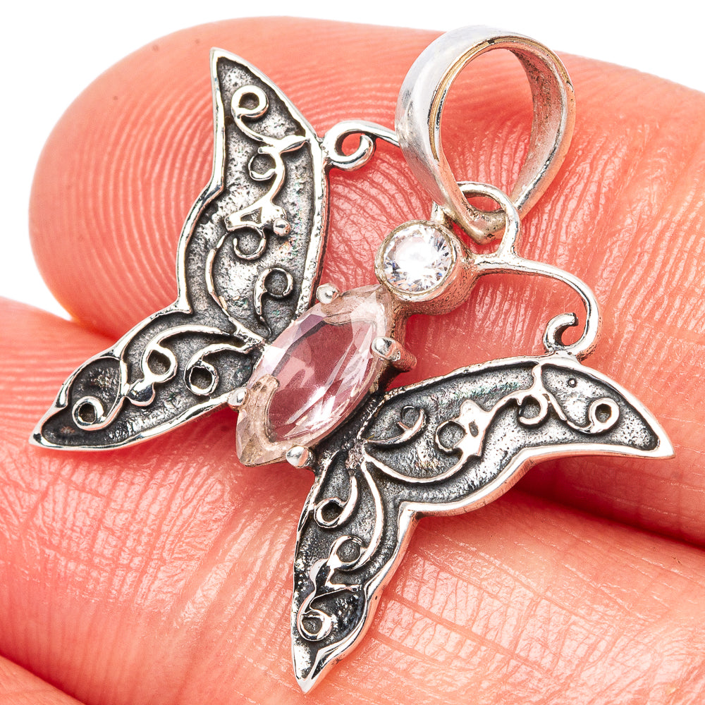 Rose Quartz, White Quartz Butterfly Dainty Pendant 1" (925 Sterling Silver) P43540
