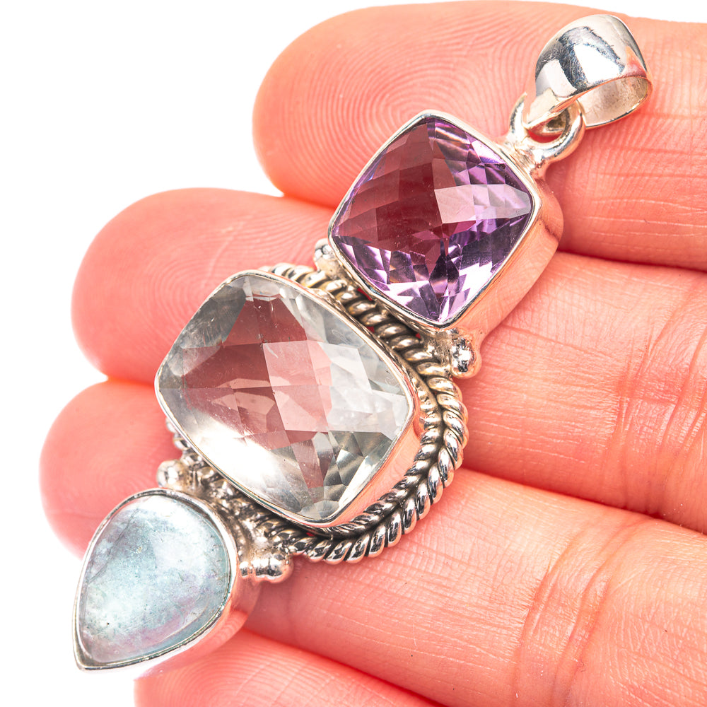 White Quartz, Rainbow Moonstone, Amethyst Pendant 2 1/8" (925 Sterling Silver) P38696