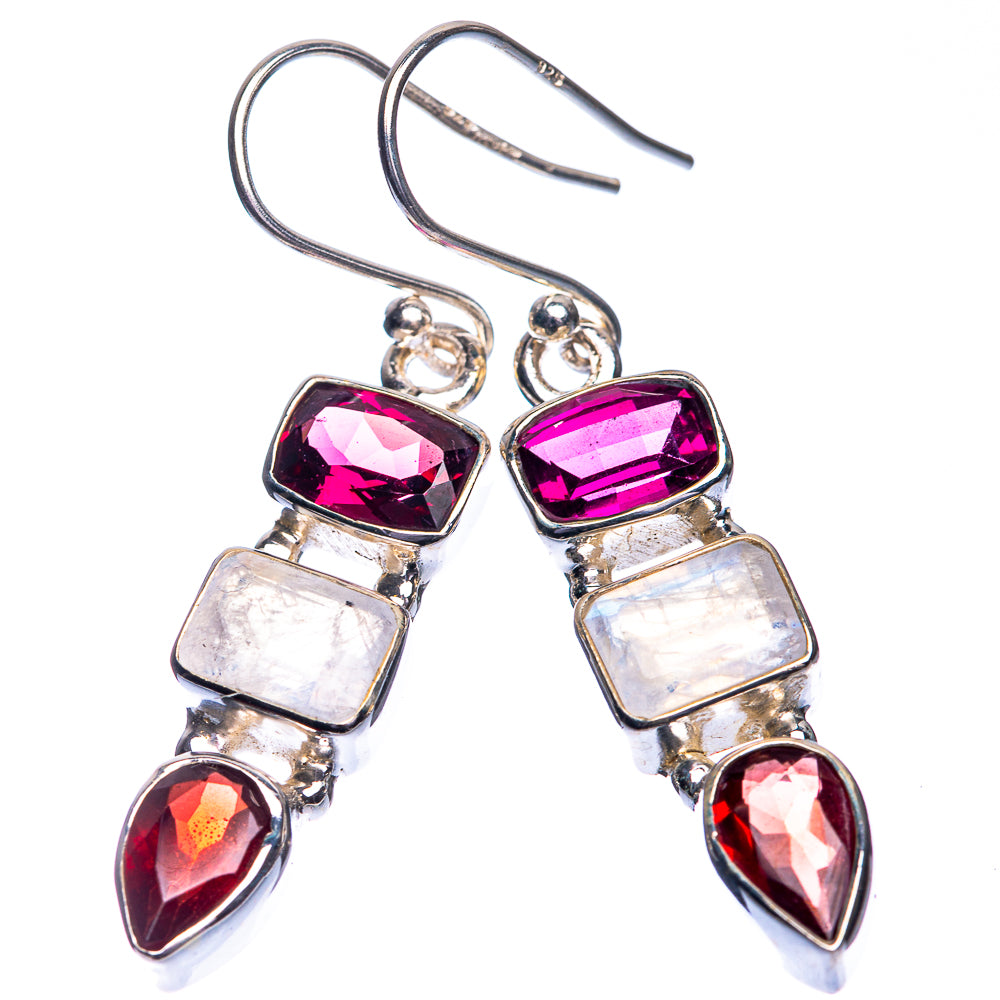 Rainbow Moonstone, Garnet Earrings 1 5/8" (925 Sterling Silver) E432722
