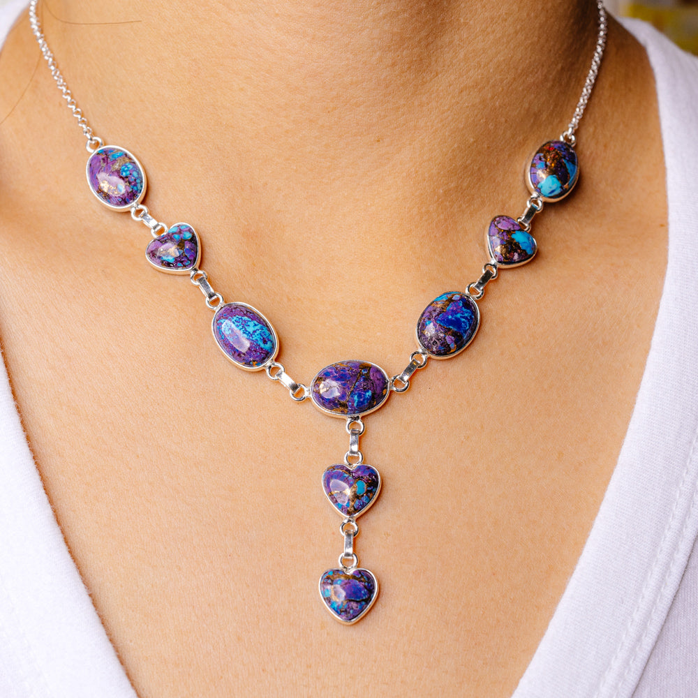 Purple Copper Composite Turquoise Heart Necklace 16 7/8 To 18 5/8" (925 Sterling Silver) N90126