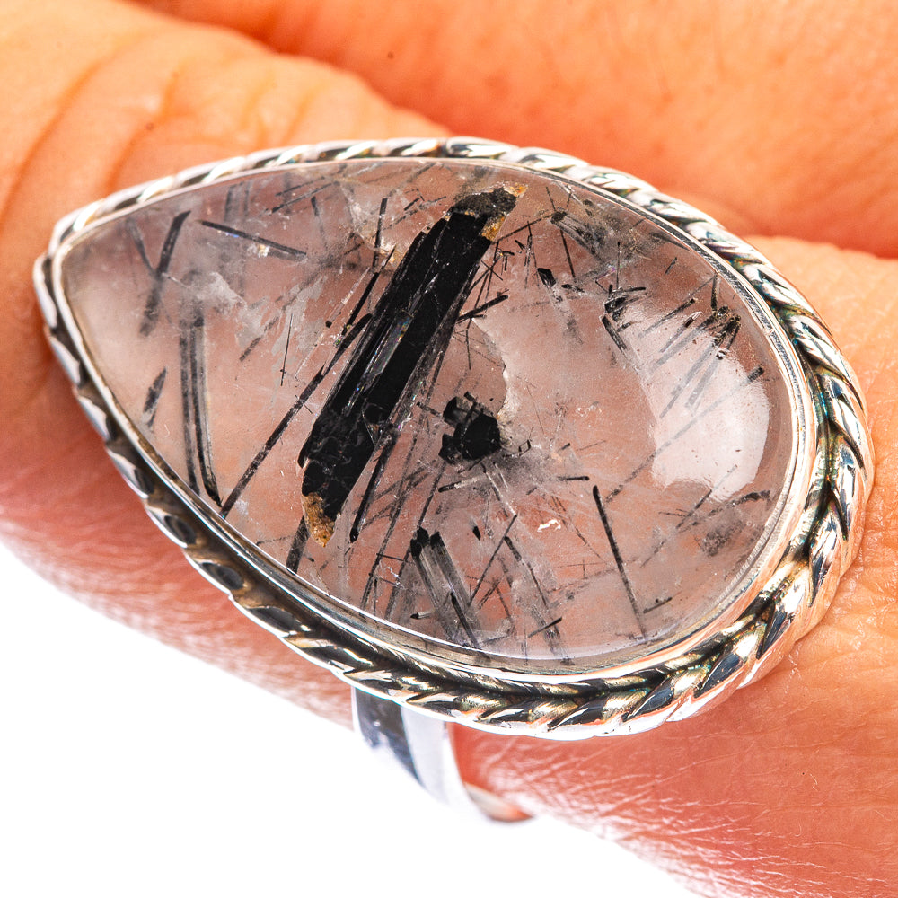 Large Tourmalinated Quartz 925 Sterling Silver Ring Size 9.75