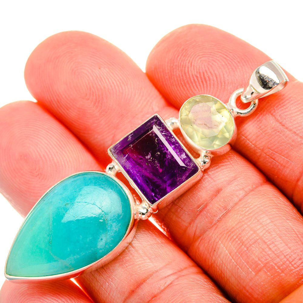 Larimar, Amethyst, Prehnite 925 Sterling Silver Pendant 2 1/4" (925 Sterling Silver) PD38349