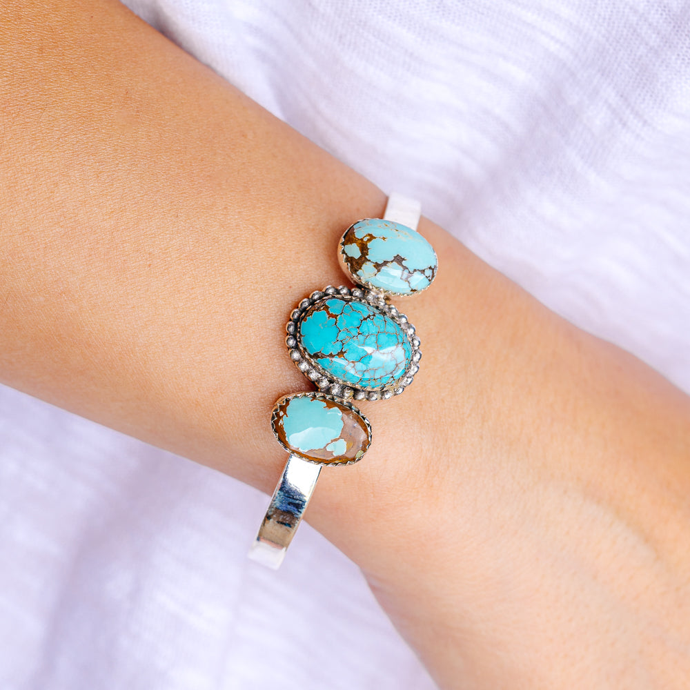 Number 8 Mine Turquoise Cuff Bracelet Adjustable (.925 Sterling Silver)