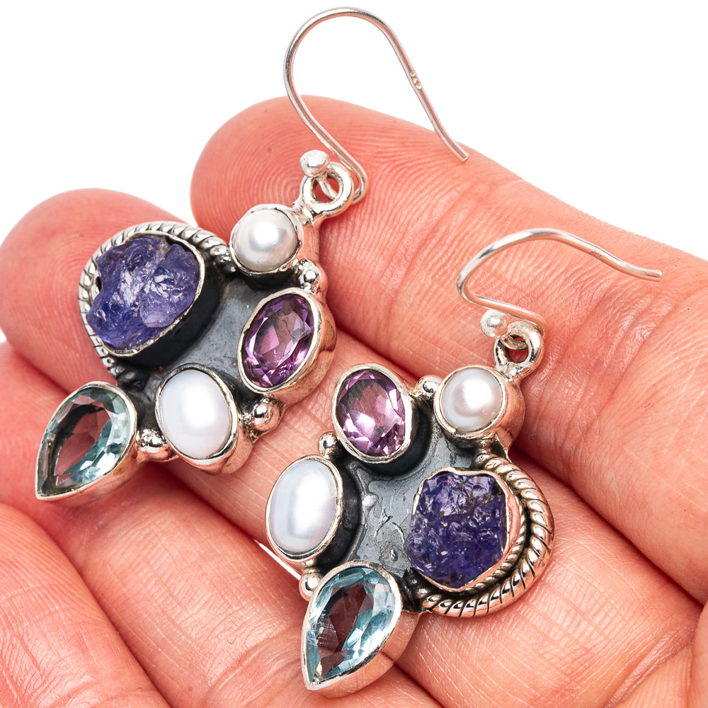 Premium Tanzanite, Blue Topaz, Amethyst, Cultured Pearl Earrings 1 3/4" (925 Sterling Silver) E1598