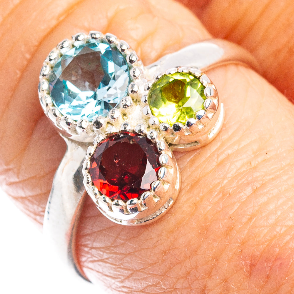Blue Topaz, Garnet, Peridot Ring Size 8.75 (.925 Sterling Silver)