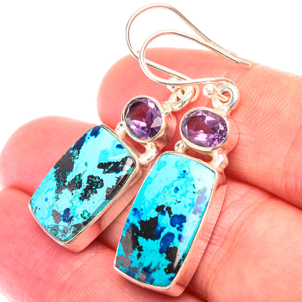 Shattuckite, Amethyst Earrings 1 1/2" (925 Sterling Silver) EARR432174